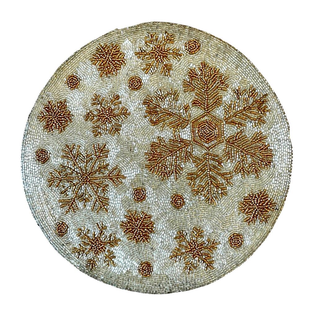 Nicole Miller 15in Beaded Christmas Placemat Holiday Snowflakes Gold & White New